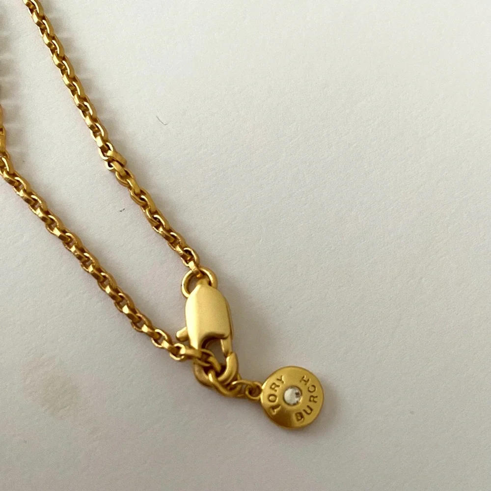 NWOT Tory Burch Semi-Precious Gold Tone Blue/Green Lapis Logo Pendant Necklace